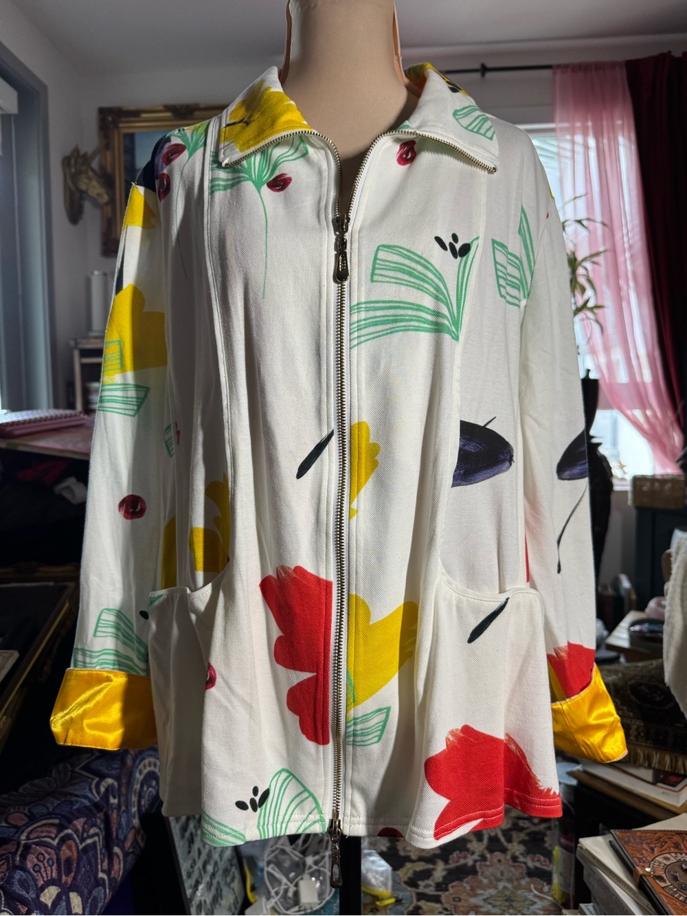 Berek 2X Abstract Floral Art to Wear Zip Jacket Cotton Stretch Colorful